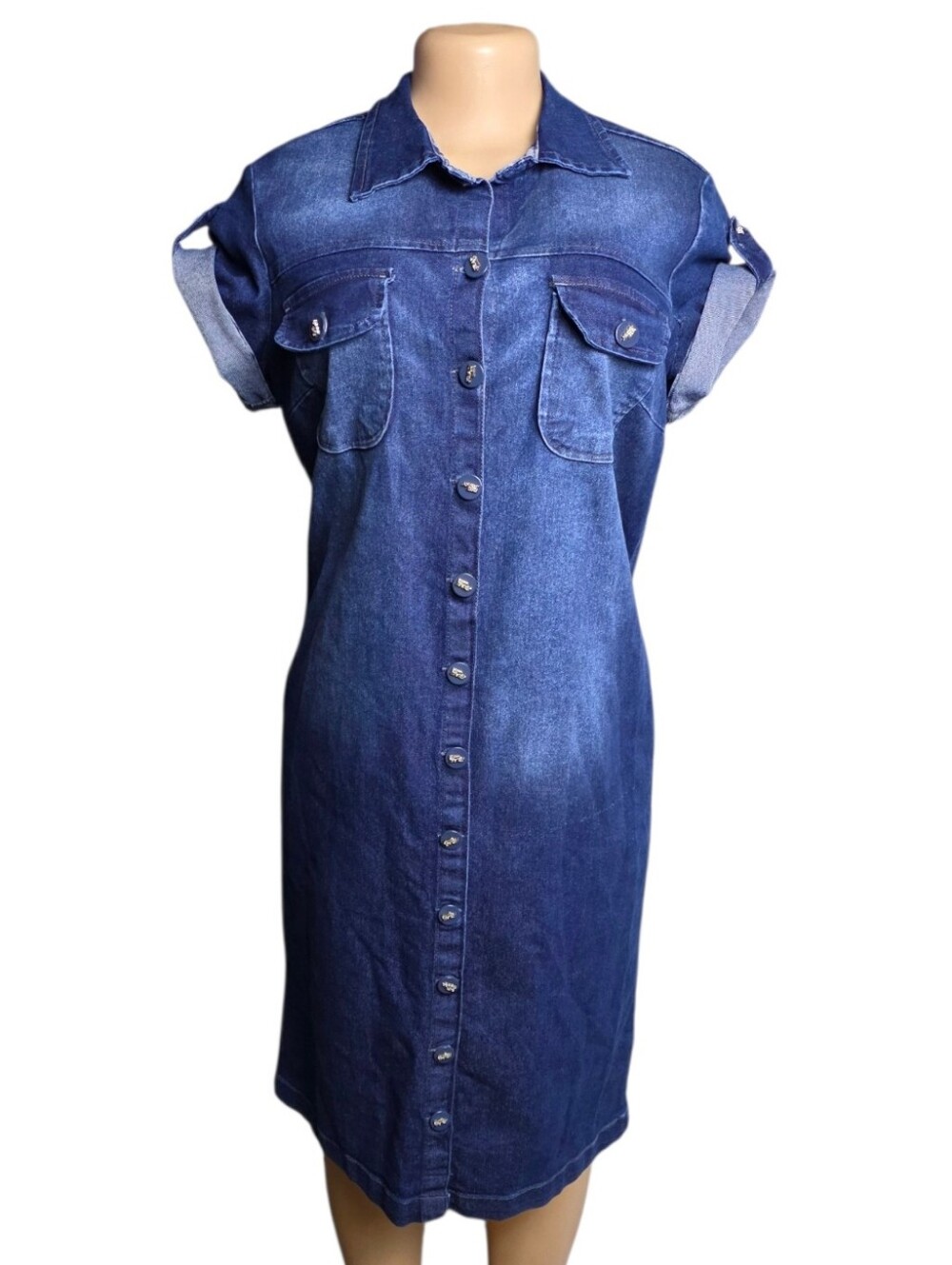 Joyaly Mais Stretch Demin Midi Dress Euc